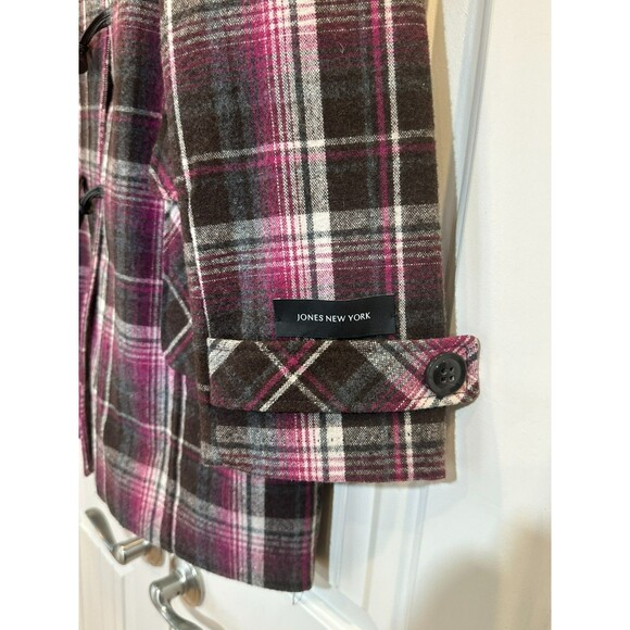 Jones New York  Hooded Pea Coat Zip Up Button Up Plaid Wool Coat Women's Size 14 - Picture 5 of 8